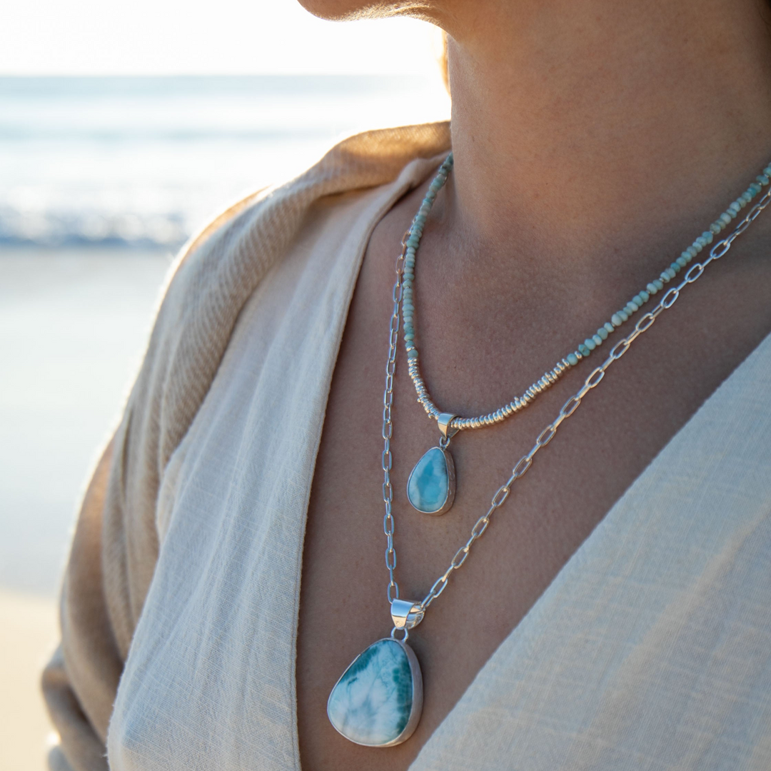 Beaded Larimar Necklace and Pendant Combination