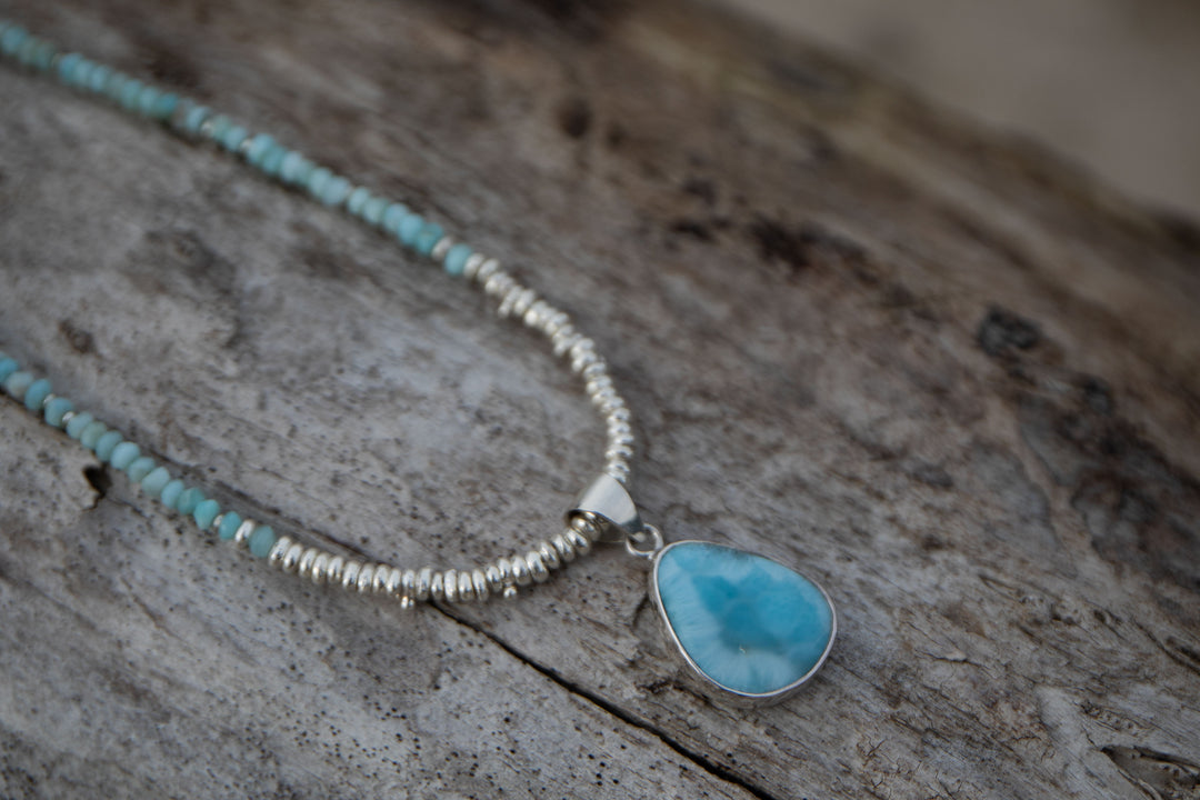 Beaded Larimar Necklace and Pendant Combination