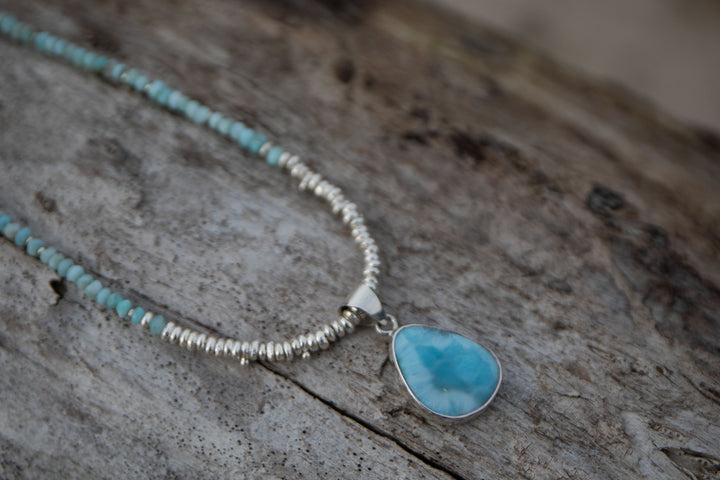 Beaded Larimar Necklace and Pendant Combination