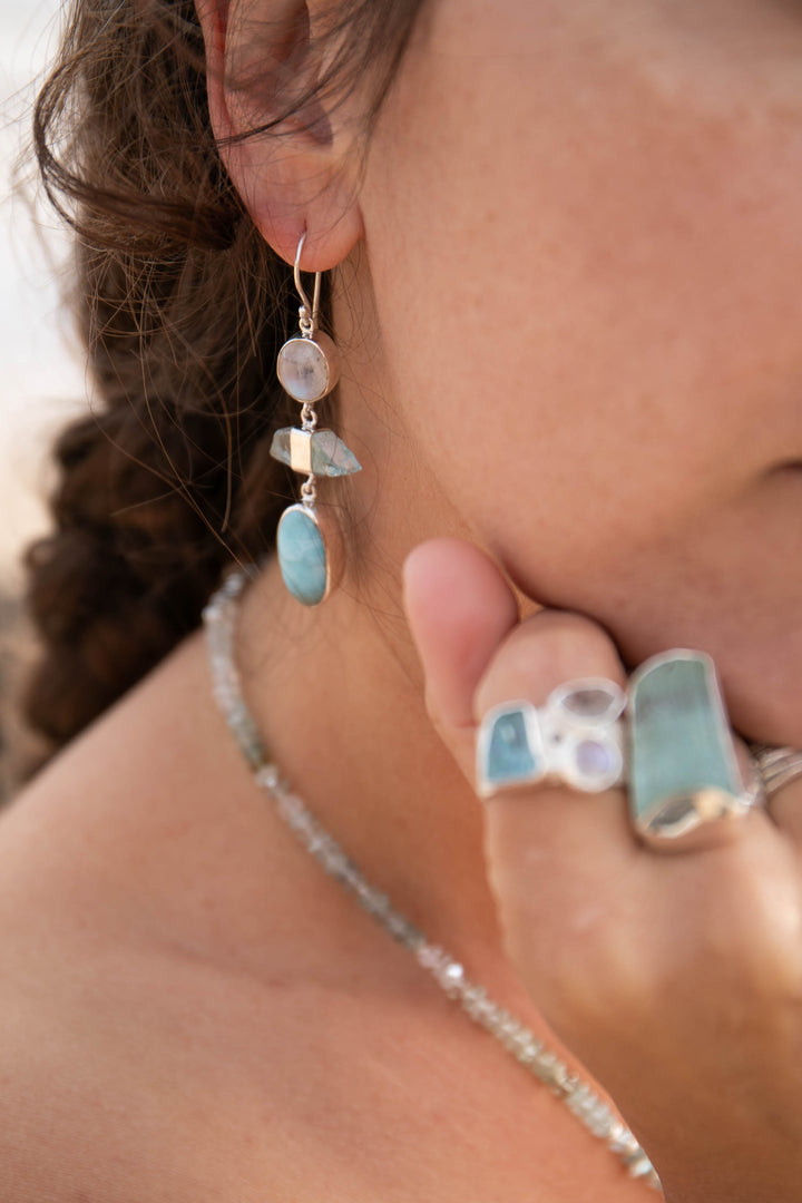 Larimar, Rainbow Moonstone + Raw Aquamarine Earrings set in 92.5% Sterling Silver