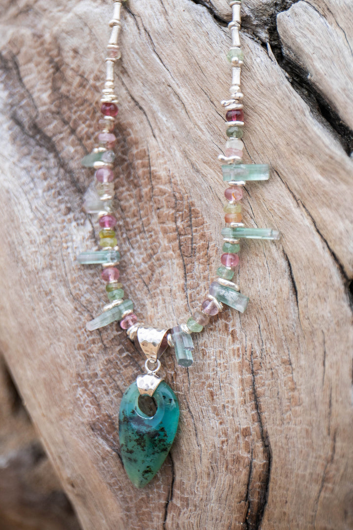 Multi Watermelon Tourmaline + Thai Hill Tribe Silver Necklace with Peruvian Opal Pendant