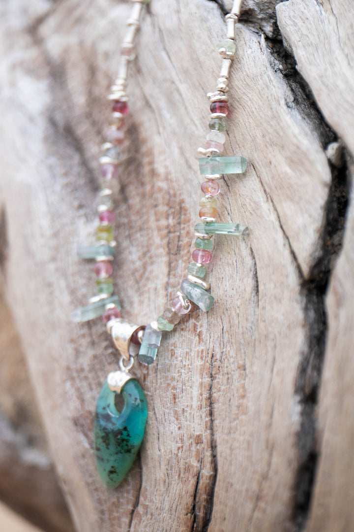Multi Watermelon Tourmaline + Thai Hill Tribe Silver Necklace with Peruvian Opal Pendant