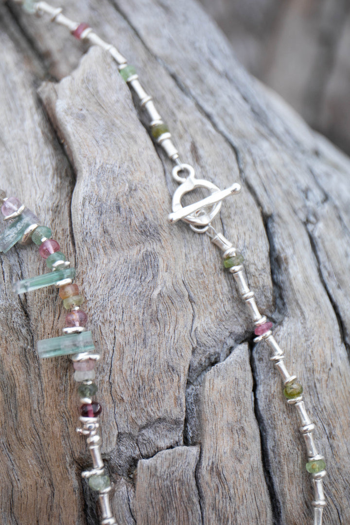 Multi Watermelon Tourmaline + Thai Hill Tribe Silver Necklace with Peruvian Opal Pendant