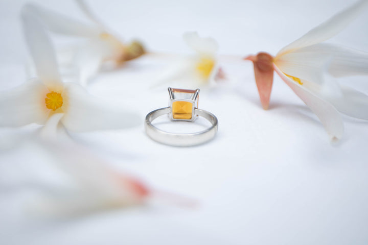 A Grade Faceted Natural Citrine Ring in Sterling Silver Setting - Size 8.5 US