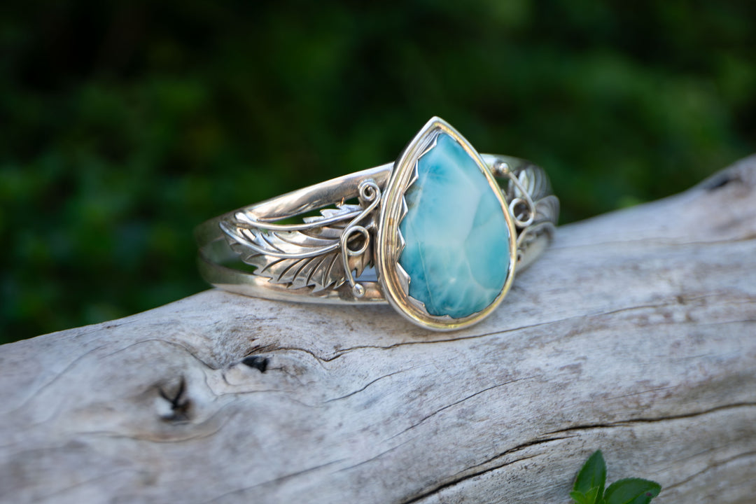 Stunning Larimar and Sterling Silver Bangle with Leaf Embellishments