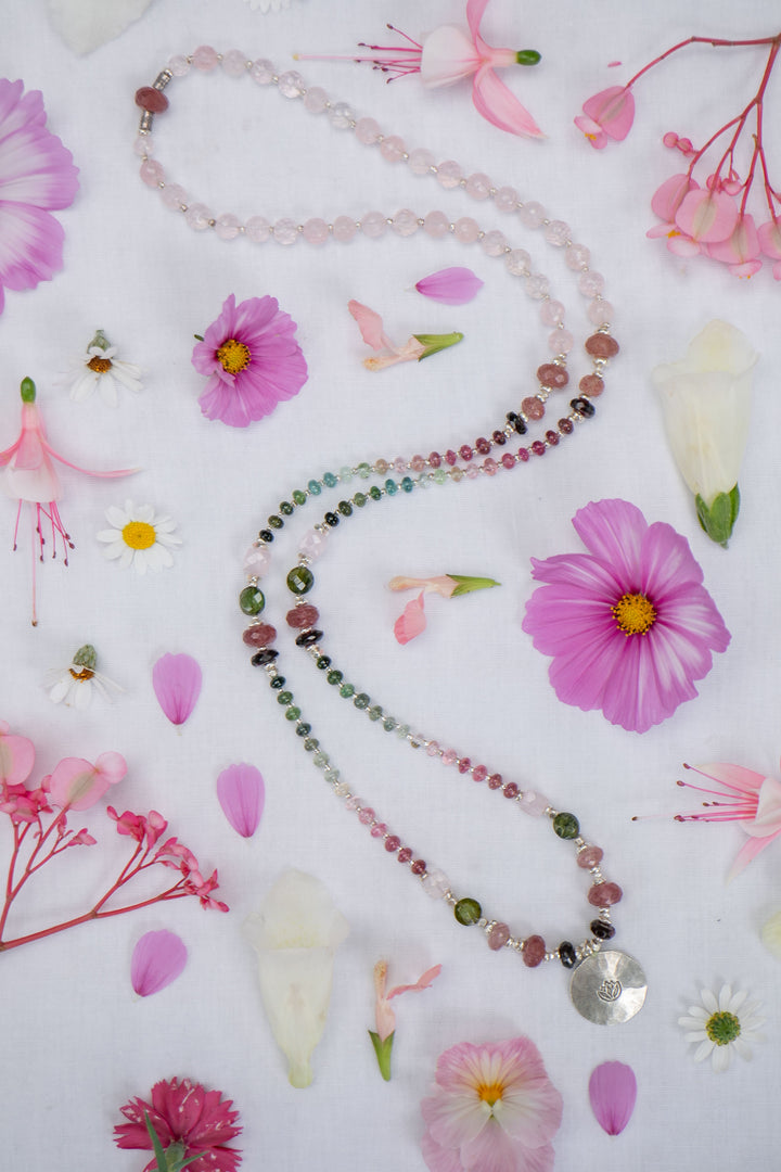 Stunning Statement Watermelon Tourmaline, Garnet, Strawberry Quartz + Rose Quartz and Thai Hill Tribe Silver Necklace