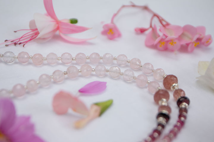 Stunning Statement Watermelon Tourmaline, Garnet, Strawberry Quartz + Rose Quartz and Thai Hill Tribe Silver Necklace