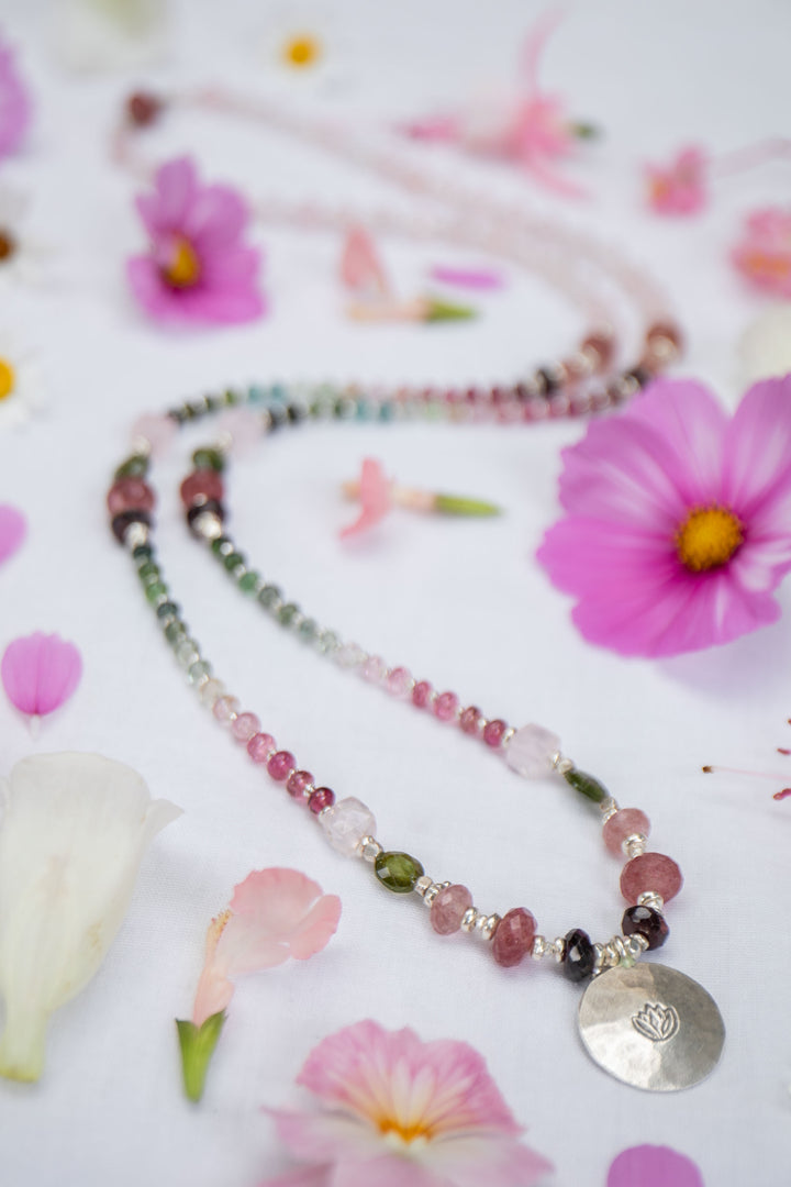 Stunning Statement Watermelon Tourmaline, Garnet, Strawberry Quartz + Rose Quartz and Thai Hill Tribe Silver Necklace