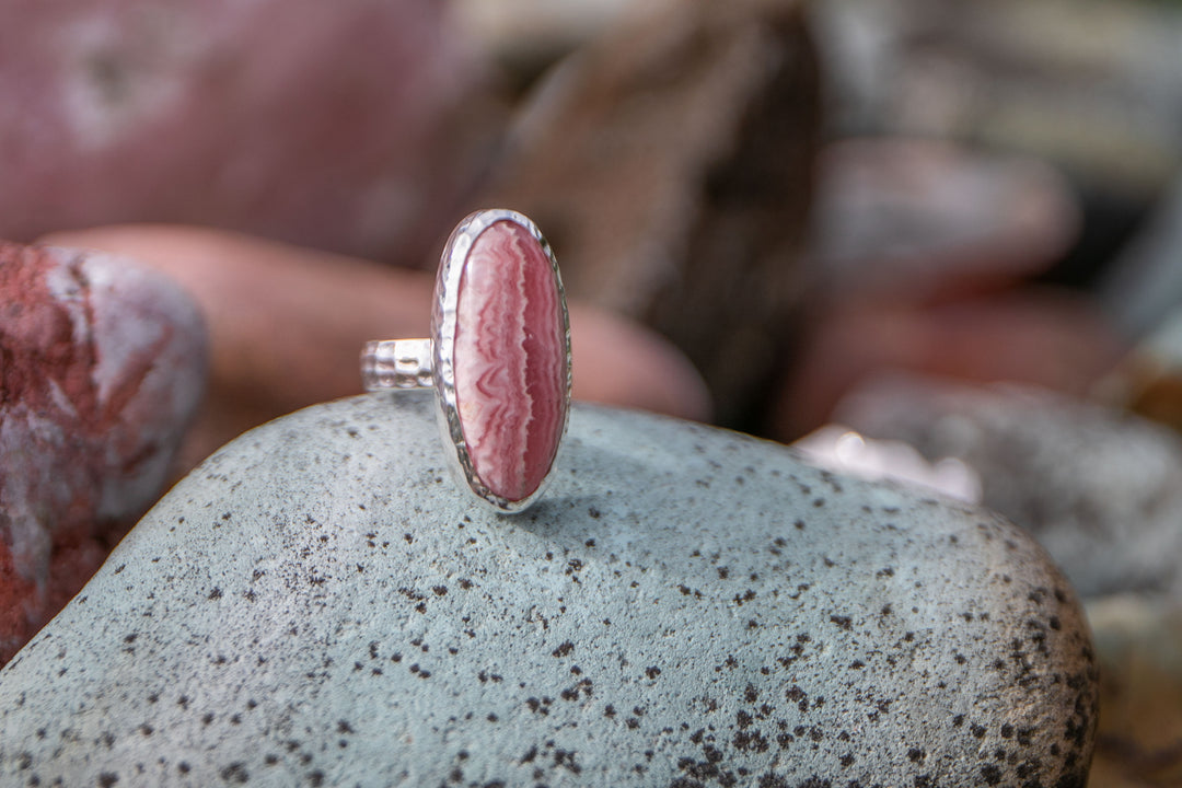 Rhodochrosite Ring in Beaten Sterling Silver - Size 8 US