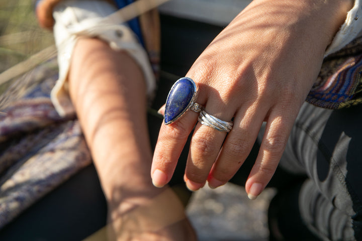 Lapis Lazuli Ring in Beaten Sterling Silver Band - Size 8 US