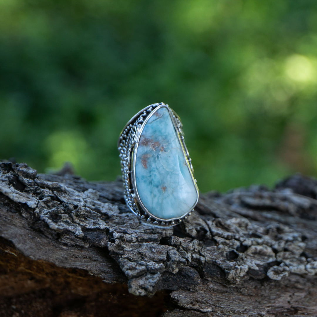 Statement Larimar Ring in Tribal Sterling Silver Setting - Size 6.5 US