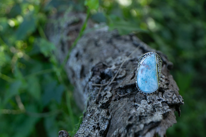 Statement Larimar Ring in Tribal Sterling Silver Setting - Size 6.5 US
