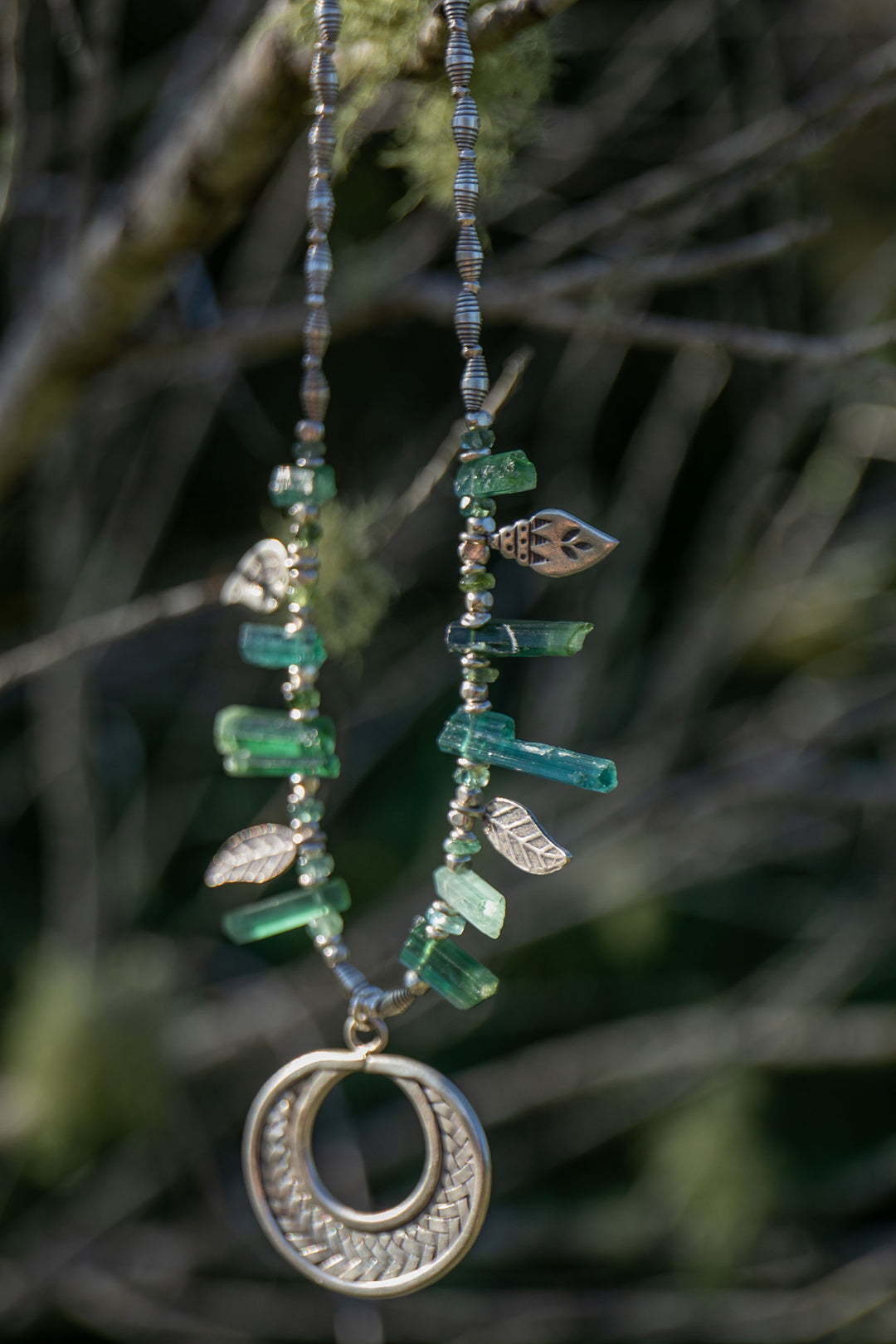 Indicolite Tourmaline Necklace with Thai Hill Tribe Silver Beads and Silver Pendant