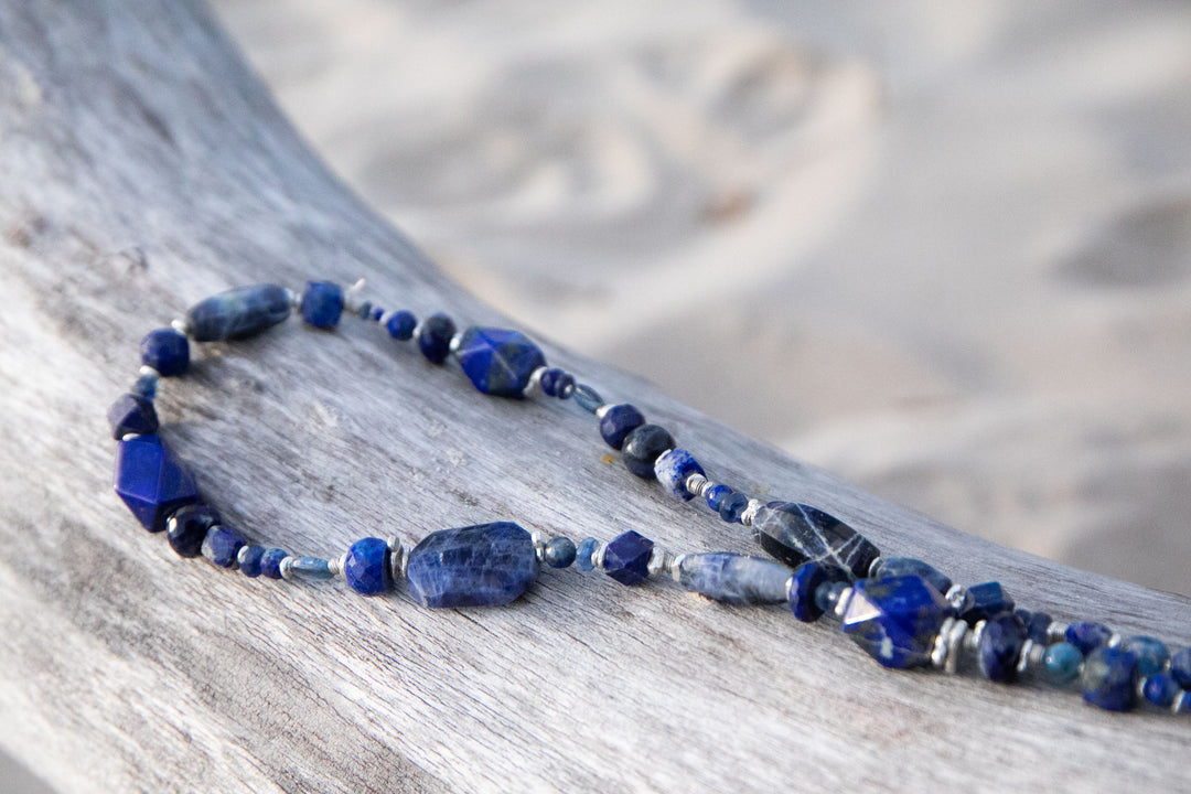 Lapis, Sodalite Multi Stone Necklace with Thai Hill Tribe Silver and Leaf Pendant