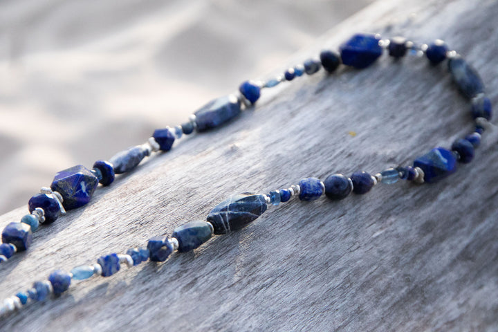 Lapis, Sodalite Multi Stone Necklace with Thai Hill Tribe Silver and Leaf Pendant