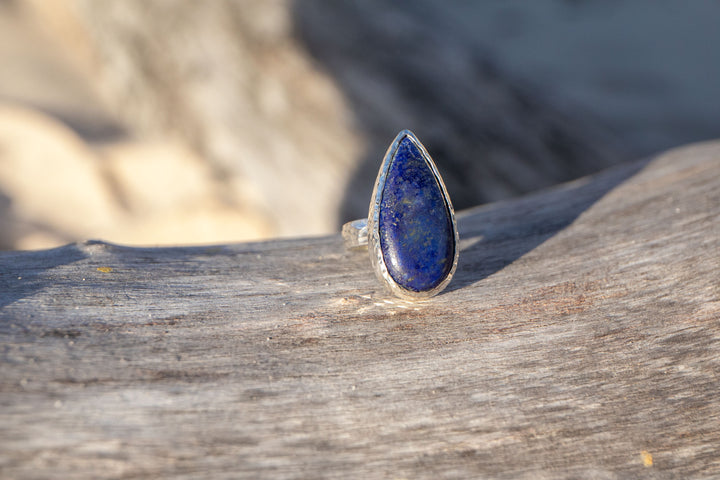 Lapis Lazuli Ring in Beaten Sterling Silver Band - Size 8 US