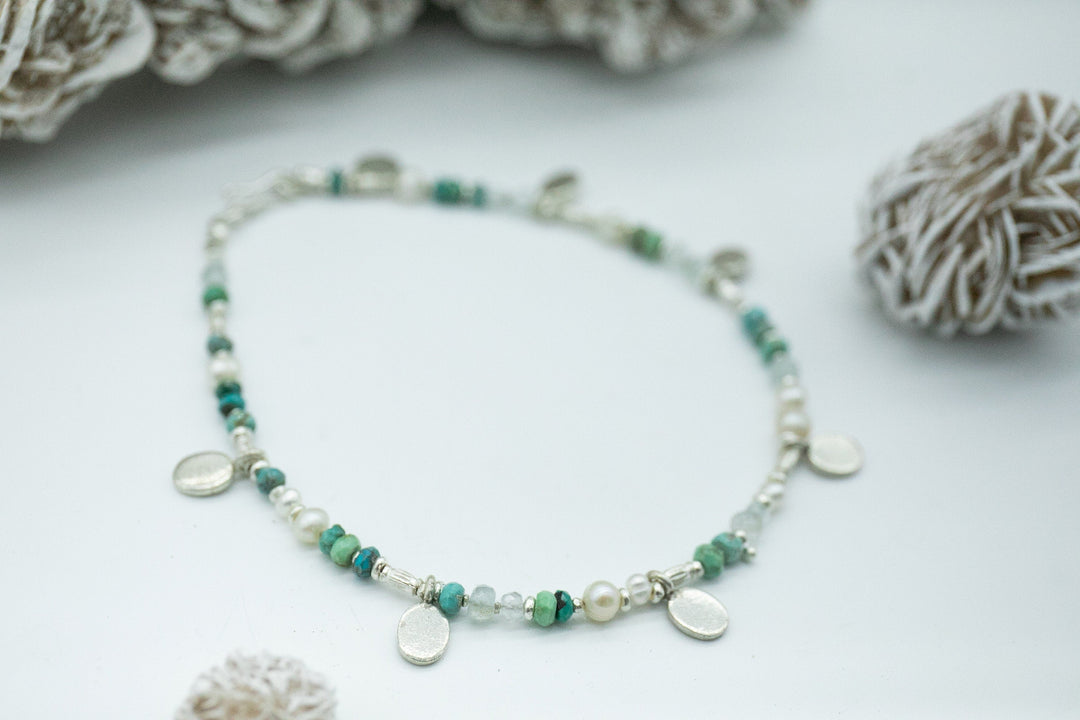 Beaded Aquamarine, Freshwater Pearl and Chrysocolla Anklet with Thai Hill Tribe Silver Charms, Clasp and Beads