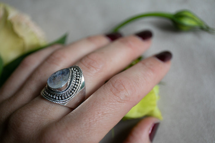 Faceted Rainbow Moonstone Ring in Tribal Sterling Silver Setting - Size 8 US
