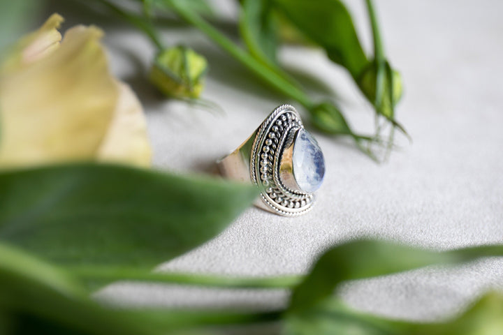 Faceted Rainbow Moonstone Ring in Tribal Sterling Silver Setting - Size 8 US