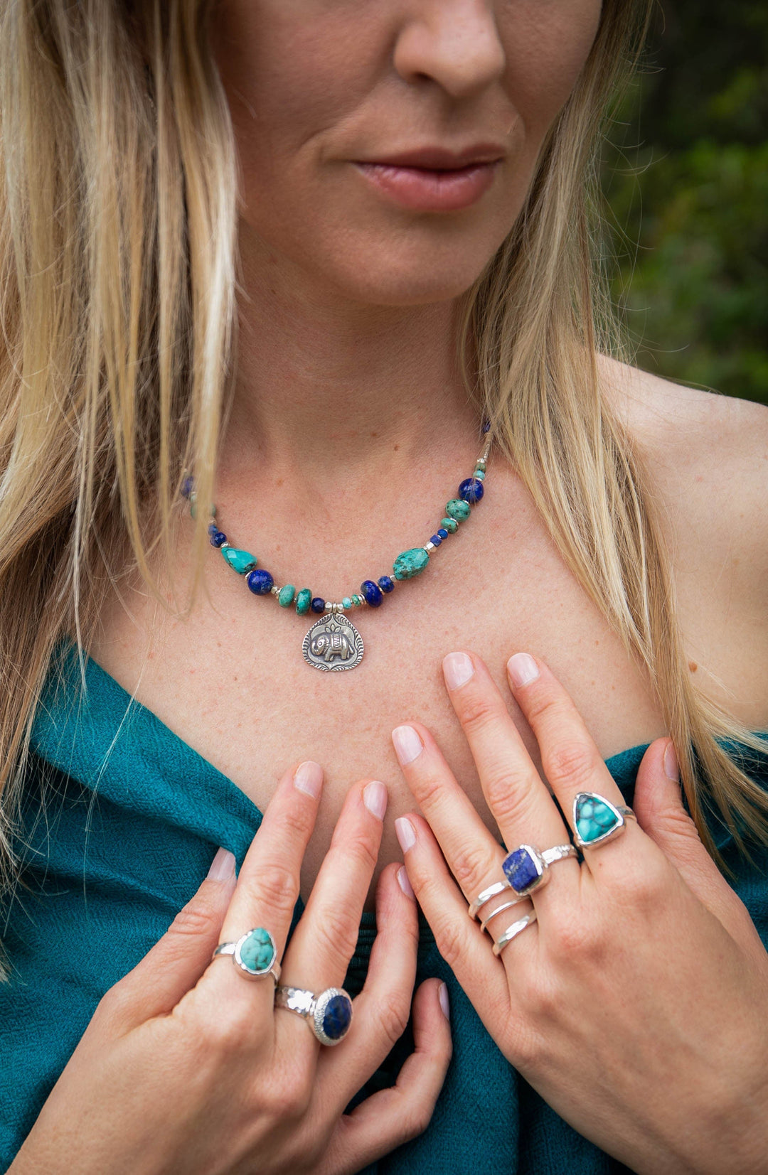 Genuine Lapis and Turquoise Necklace with Hill Tribe Silver and Elephant Pendant