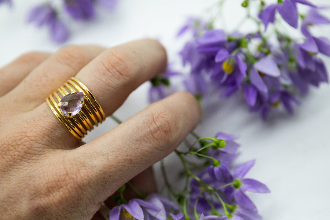 Faceted Amethyst Ring in Multi Band Gold Plated Sterling Silver Setting - Size 8 US
