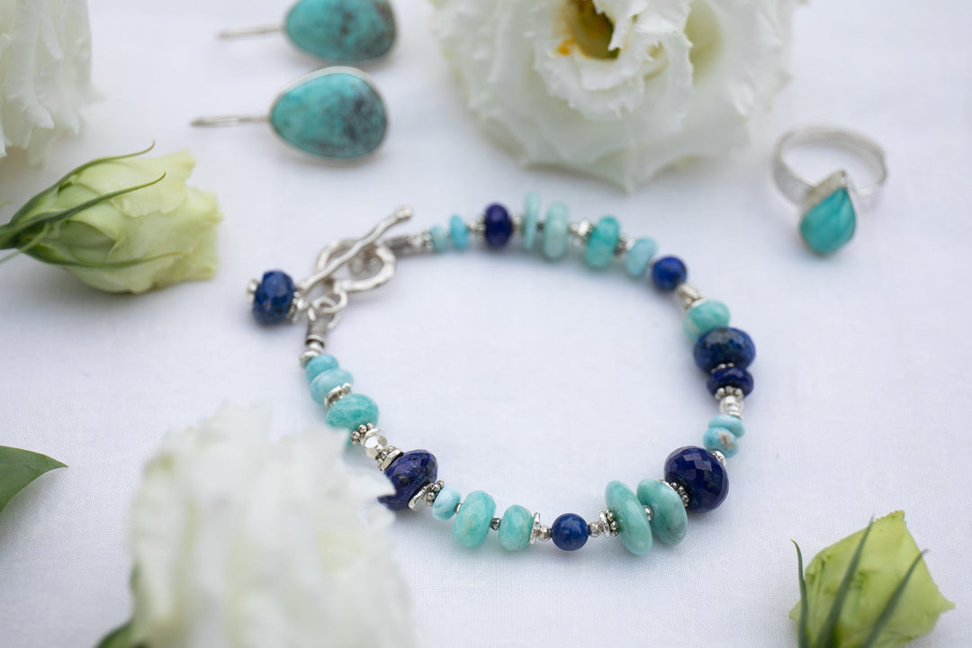 Larimar, Amazonite, Turquoise and Lapis Bracelet with Thai Hill Tribe Silver