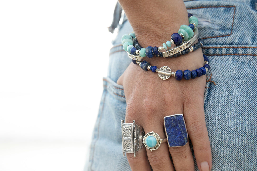 Larimar, Amazonite, Turquoise and Lapis Bracelet with Thai Hill Tribe Silver