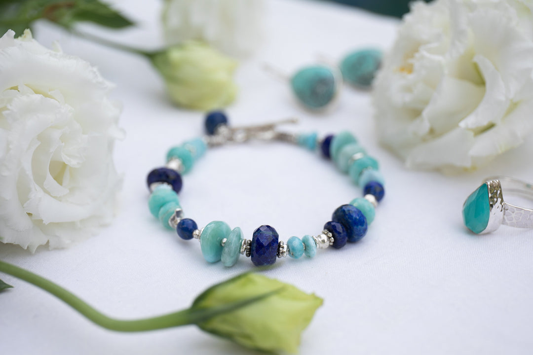 Larimar, Amazonite, Turquoise and Lapis Bracelet with Thai Hill Tribe Silver