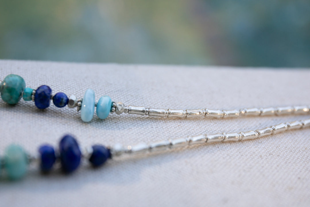 Beaded Handmade Larimar, Amazonite, Turquoise and Lapis Necklace with Thai Hill Tribe Silver - Mixed Gemstone Jewelry - Multi Stone Necklace