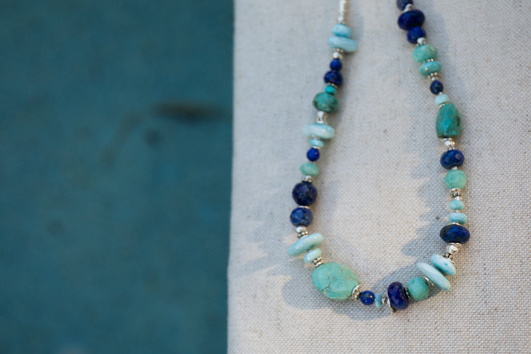 Beaded Handmade Larimar, Amazonite, Turquoise and Lapis Necklace with Thai Hill Tribe Silver - Mixed Gemstone Jewelry - Multi Stone Necklace
