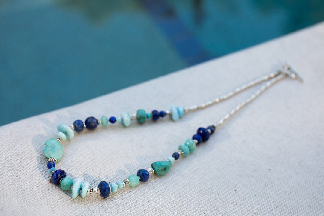 Beaded Handmade Larimar, Amazonite, Turquoise and Lapis Necklace with Thai Hill Tribe Silver - Mixed Gemstone Jewelry - Multi Stone Necklace