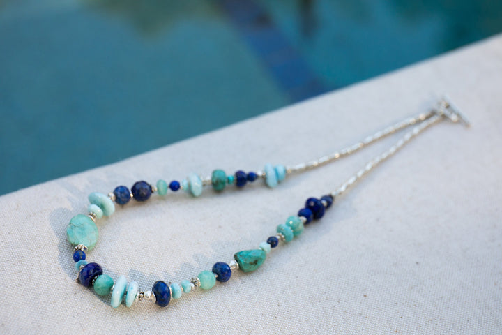 Beaded Handmade Larimar, Amazonite, Turquoise and Lapis Necklace with Thai Hill Tribe Silver - Mixed Gemstone Jewelry - Multi Stone Necklace