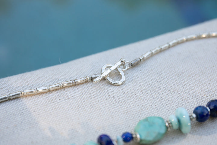 Beaded Handmade Larimar, Amazonite, Turquoise and Lapis Necklace with Thai Hill Tribe Silver - Mixed Gemstone Jewelry - Multi Stone Necklace