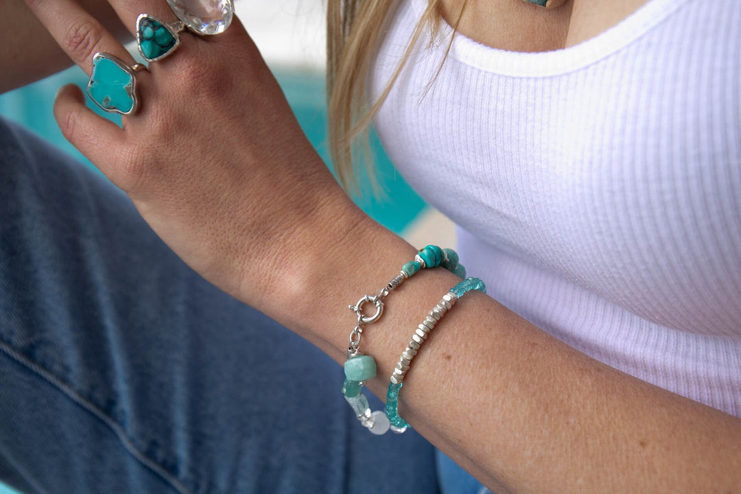 Larimar, Amazonite, Turquoise, Apatite and Crystal Bracelet with Thai Hill Tribe Silver
