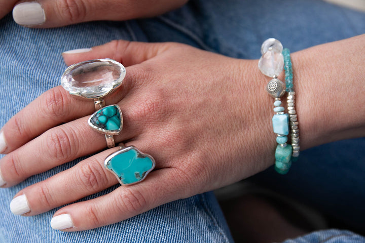 Larimar, Amazonite, Turquoise, Apatite and Crystal Bracelet with Thai Hill Tribe Silver