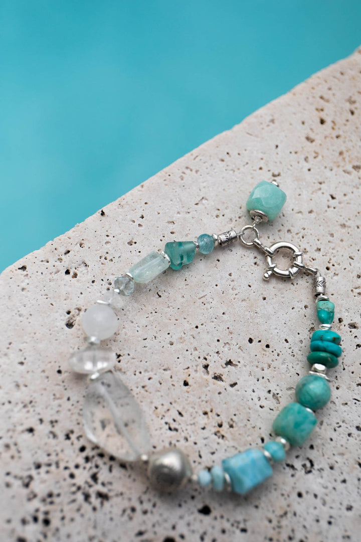 Larimar, Amazonite, Turquoise, Apatite and Crystal Bracelet with Thai Hill Tribe Silver