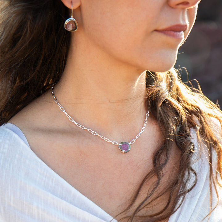 Watermelon Tourmaline Pendant on Sterling Silver Paperclip Chain