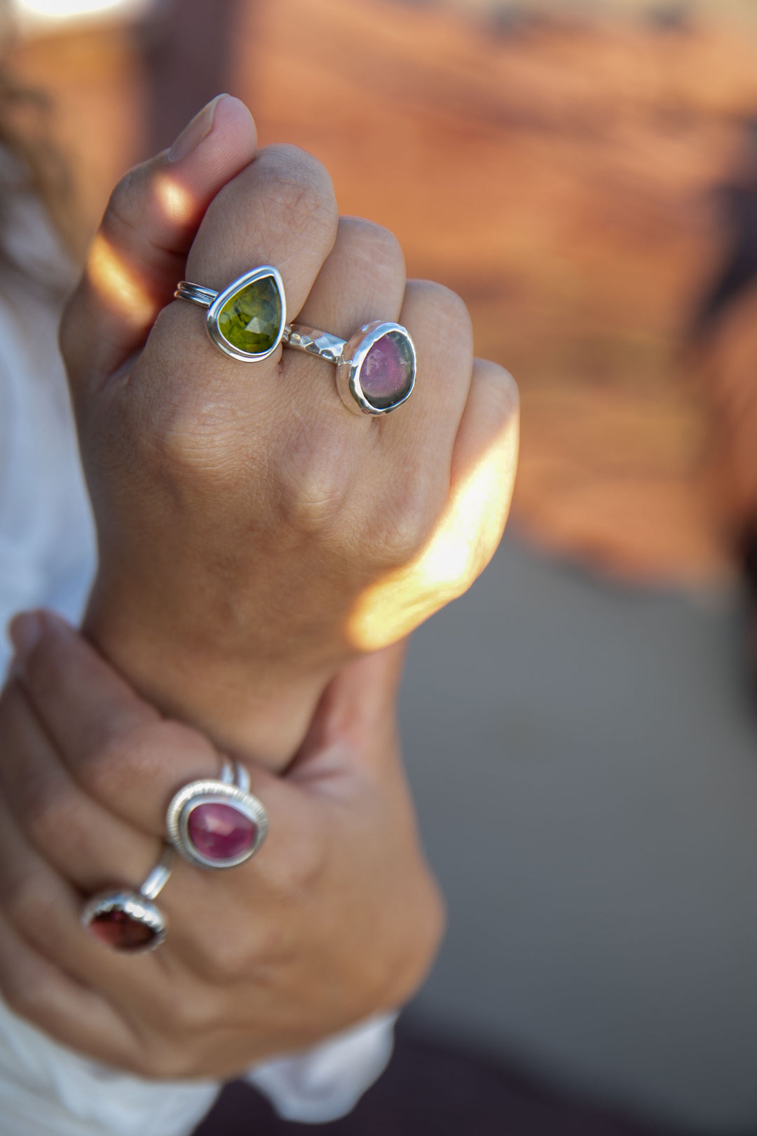 Watermelon Tourmaline Ring in Beaten Sterling Silver Setting - Size 7.5 US