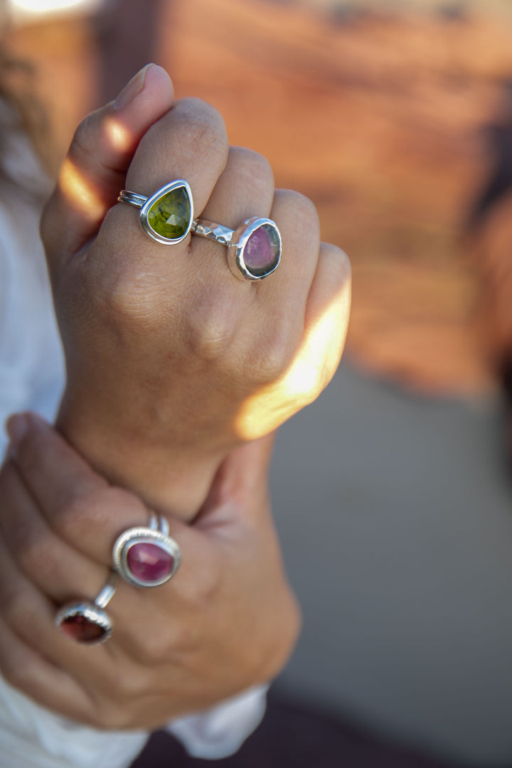 Watermelon Tourmaline Ring in Beaten Sterling Silver Setting - Size 7.5 US