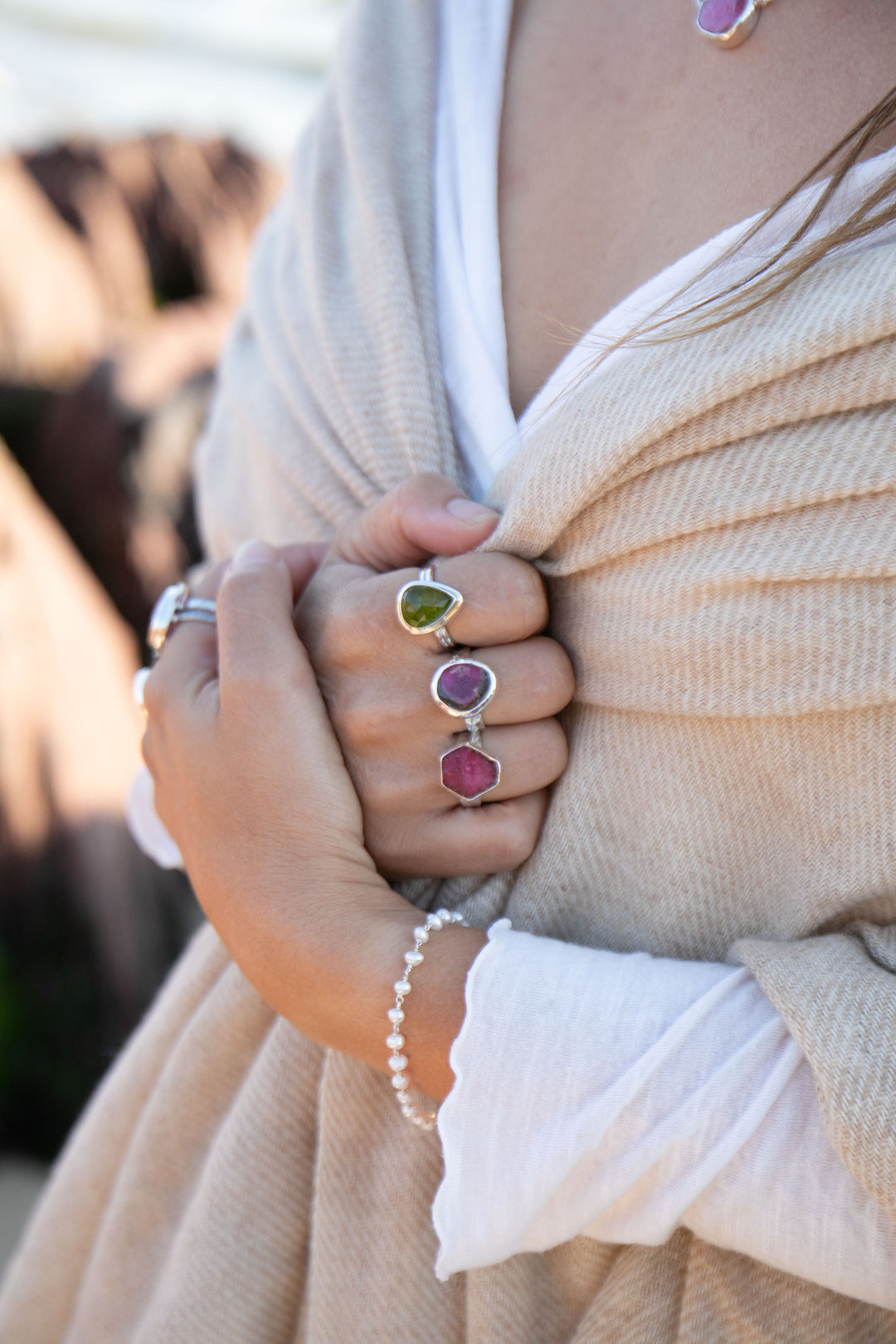 Watermelon Tourmaline Ring in Beaten Sterling Silver Setting - Size 7.5 US