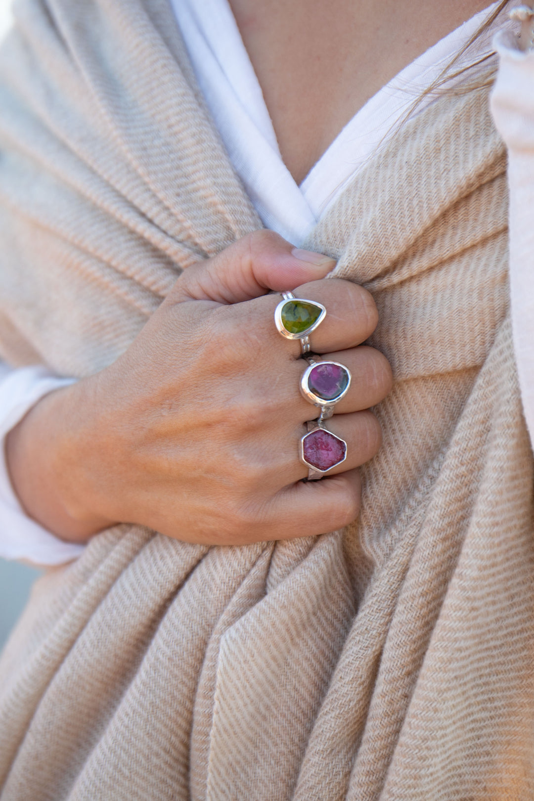 Watermelon Tourmaline Ring in Beaten Sterling Silver Setting - Size 7.5 US