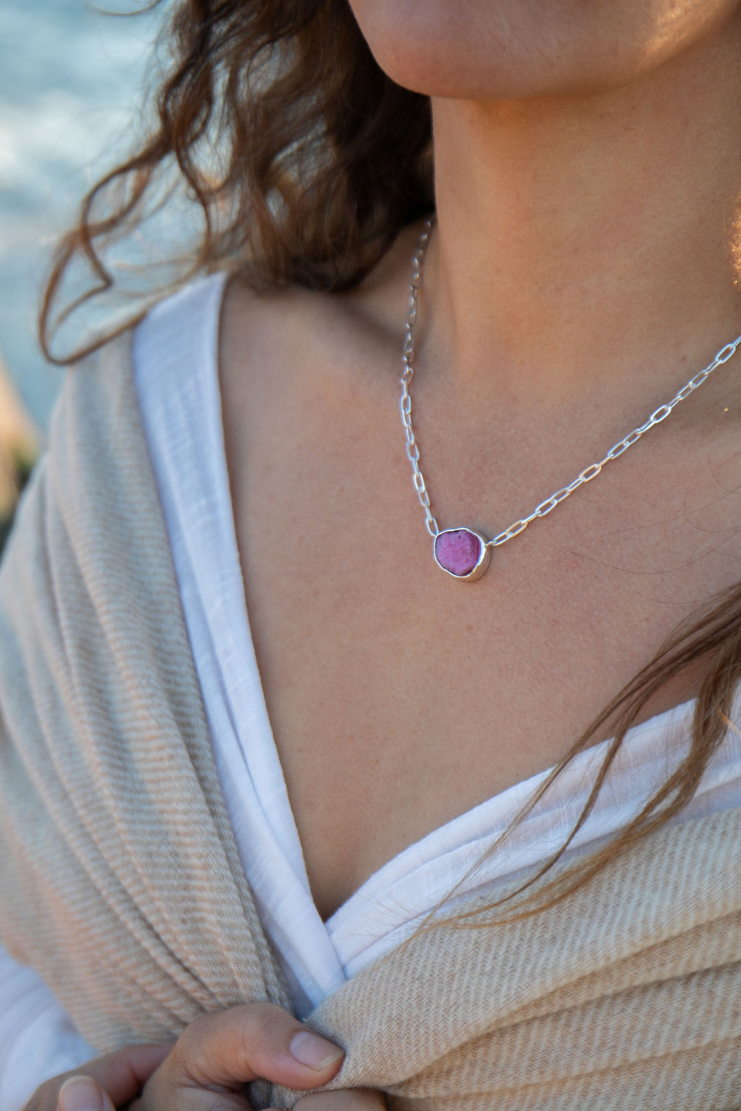Raw Ruby Pendant on Sterling Silver Paperclip Chain