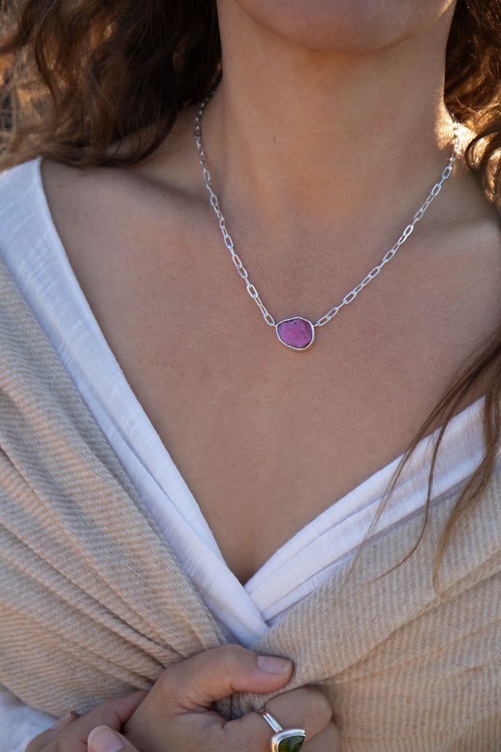 Raw Ruby Pendant on Sterling Silver Paperclip Chain