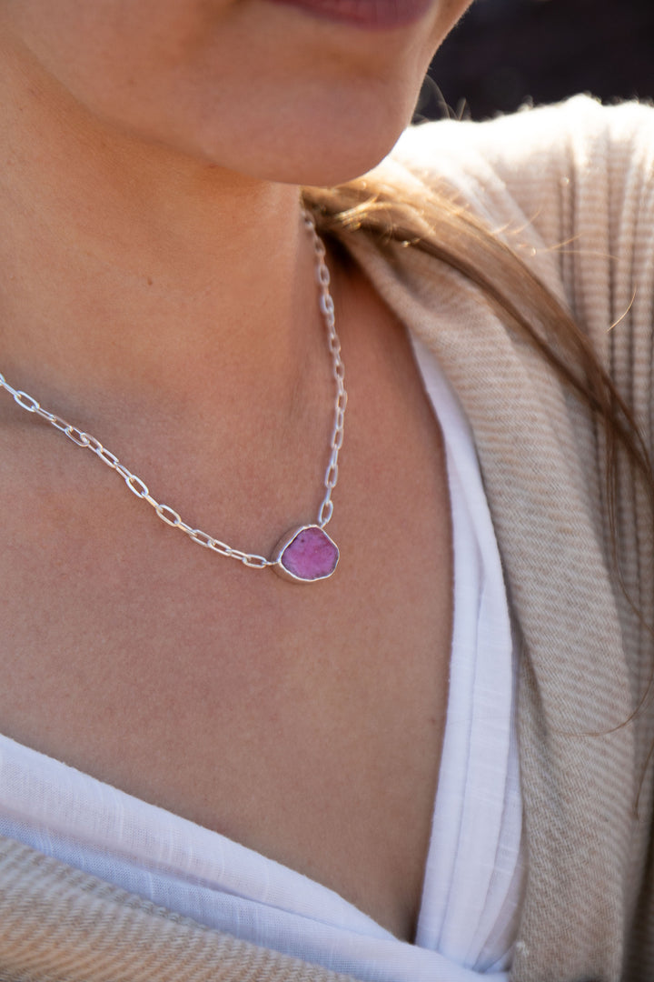 Raw Ruby Pendant on Sterling Silver Paperclip Chain