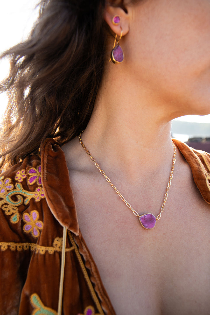 Raw Ruby Necklace with 24k Gold Plated Setting and Chain