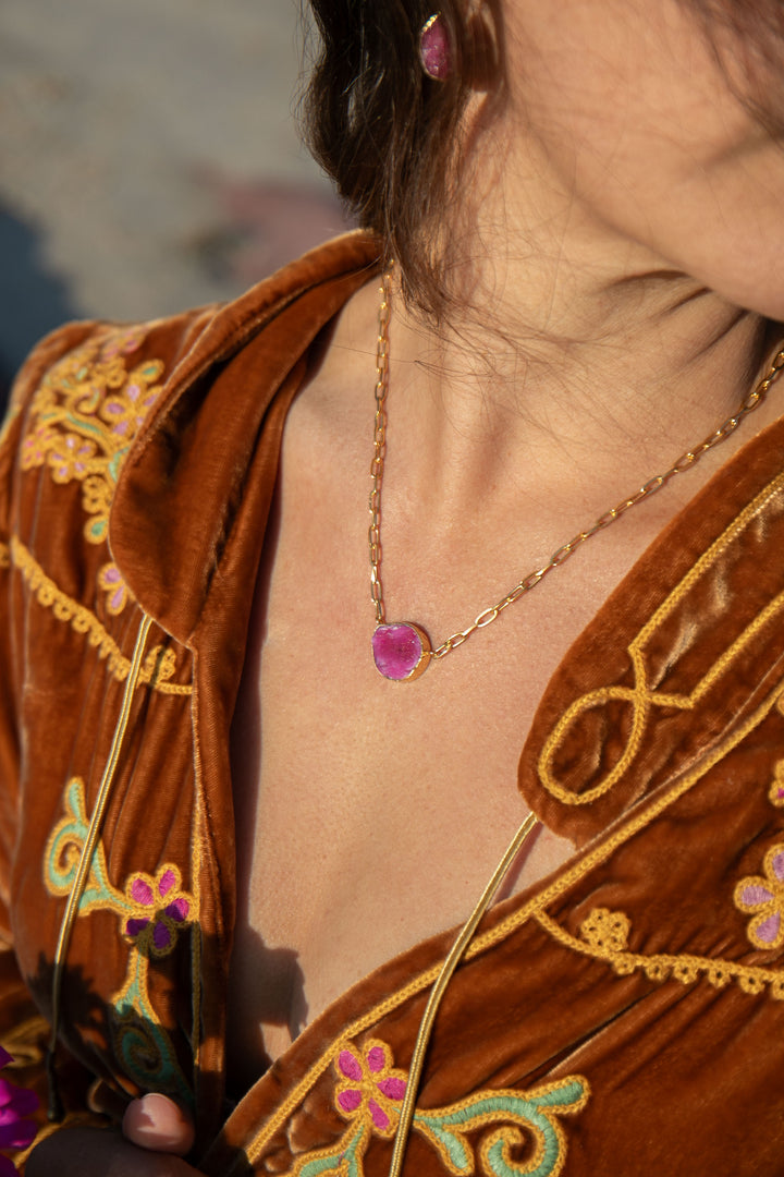 Raw Ruby Necklace with 24k Gold Plated Setting and Chain