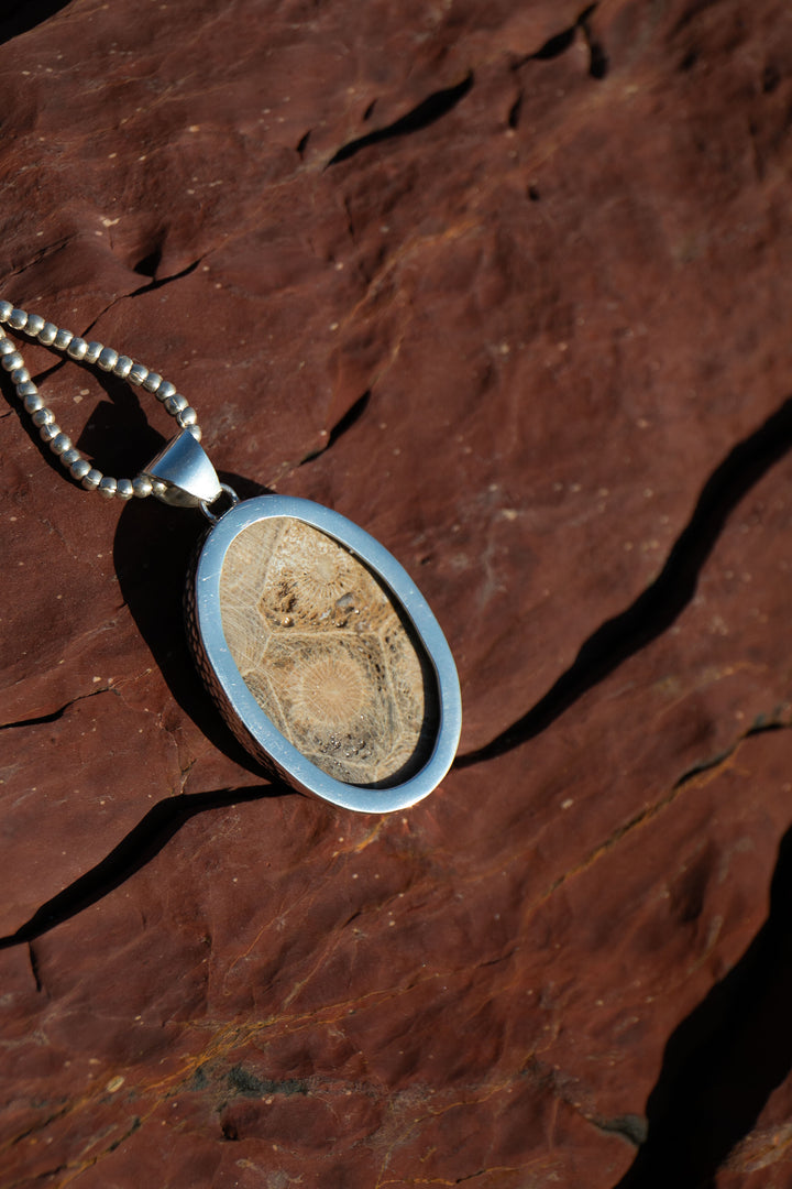 Oval Fossil Coral Pendant in Beaten Sterling Silver