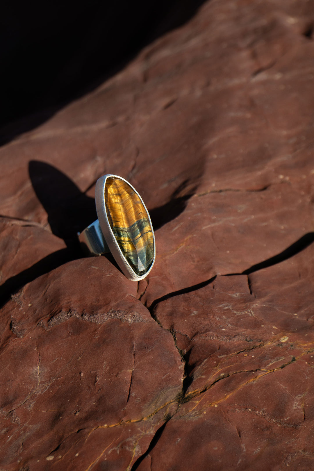 Tigers Eye Ring in Brushed Sterling Silver - Adjustable Band
