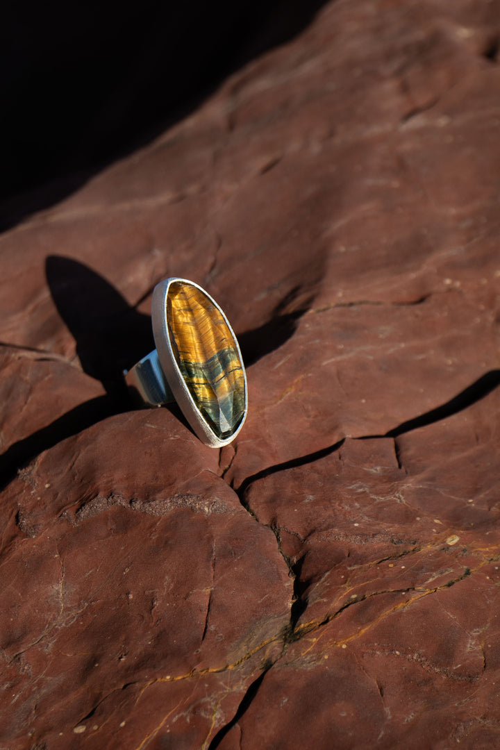 Tigers Eye Ring in Brushed Sterling Silver - Adjustable Band