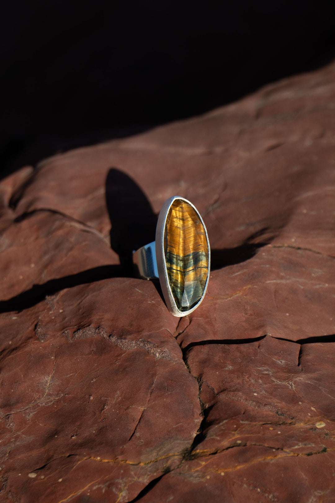 Tigers Eye Ring in Brushed Sterling Silver - Adjustable Band